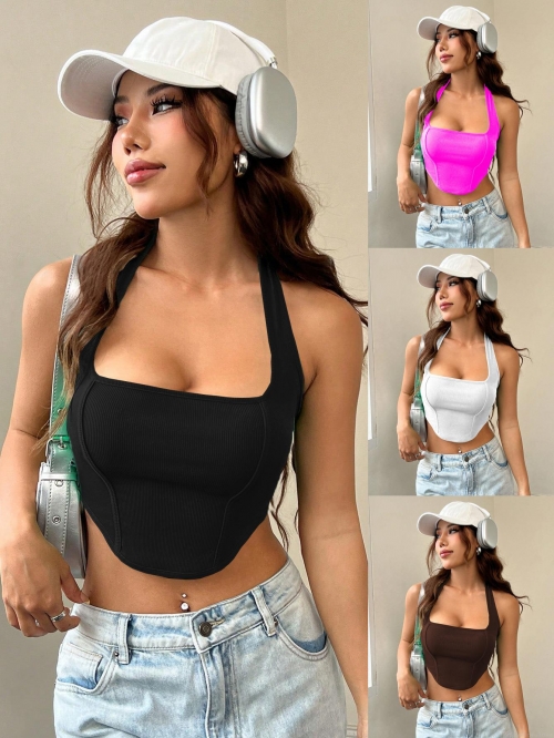 Women's Sexy Halterneck Ribbed Knit Tank Top Slim Fit Irregular Fishbone Hem Crop Top Sleeveless Summer Streetwear Y2K Party Vest Clothing Women's Sexy Halterneck Ribbed Knit Tank Top Slim Fit Irregular Fishbone Hem Crop Top Sleeveless Summer Streetwear Y2K Party Vest Clothing