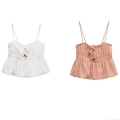 Women Sexy Backless Cropped Camisole With Tie-Up Front Bead Decor Ruffled Hem Smocked Waist Polyester Sleeveless Tank Top For Summer Vacation Streetwear
