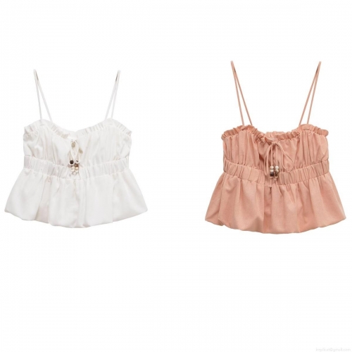 Women Sexy Backless Cropped Camisole With Tie-Up Front Bead Decor Ruffled Hem Smocked Waist Polyester Sleeveless Tank Top For Summer Vacation Streetwear