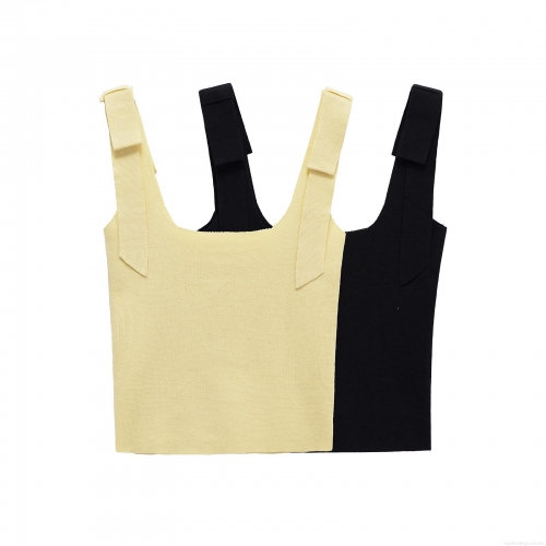 Women Sexy Knit Camisole Top Bow Tie Shoulder Backless Square Neck Ribbed Tank Top Summer Beach Streetwear Western Style Solid Color Slim Sleeveless Vest