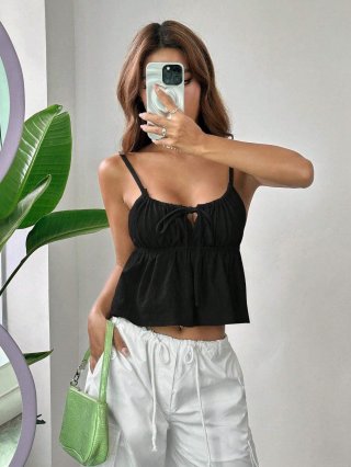 Women's Sexy Cotton Drawstring Camisole Ruched Slim Fit Cropped Tank Top With Ruffle Hem Backless Sleeveless Summer Top For Party Vacation Lady Women's Sexy Cotton Drawstring Camisole Ruched Slim Fit Cropped Tank Top With Ruffle Hem Backless Sleeveless Summer Top For Party Vacation Lady