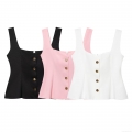 Women's Knitted Cami Top Sexy Backless Square Neck Button Down Sleeveless Tank Top Solid Color Slim Fit Vest for Summer Streetwear