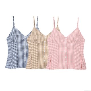 Summer Women Gingham Plaid Camisole Top V Neck Single Breasted Button Up Cropped Tank Top With Adjustable Thin Straps Polyester Blend Streetwear For Women