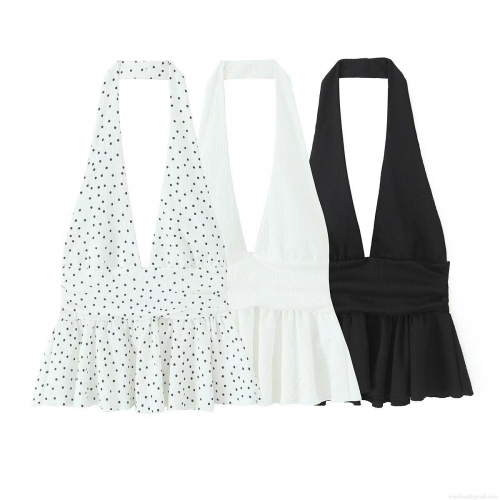 Women's Sexy Halter V-Neck Backless Crop Top With Ruffle Hem Smocked Waist Polyester Crepe Textured Sleeveless Blouse Polka Dot Black White Summer Streetwear