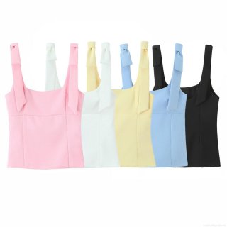 Women's Sexy Square Neck Bow Tie Shoulder Strap Camisole Top Summer Slim Fit Plain Sleeveless Vest Shirt Streetwear Fashion Crop Tank Top