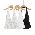 Sexy Backless Halter Neck Peplum Top Women Polyester Seersucker V Neck Ruffle Hem Tank Top For Summer Vacation Polka Dot Solid Cami
