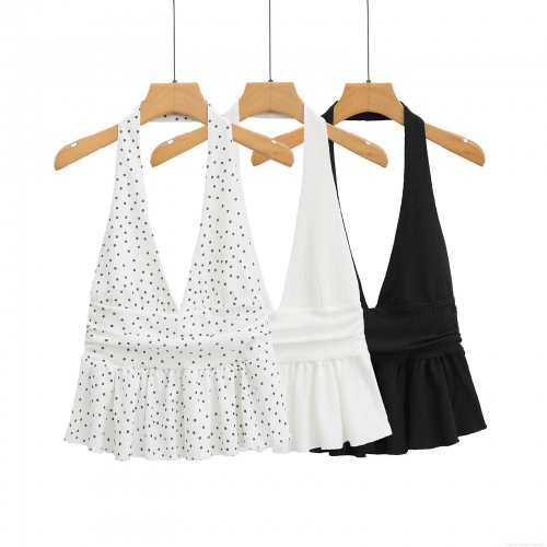 Sexy Backless Halter Neck Peplum Top Women Polyester Seersucker V Neck Ruffle Hem Tank Top For Summer Vacation Polka Dot Solid Cami Sexy Backless Halter Neck Peplum Top Women Polyester Seersucker V Neck Ruffle Hem Tank Top For Summer Vacation Polka Dot Solid Cami