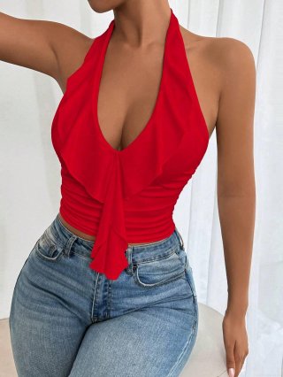 Women's Sexy Red Halter Crop Top Backless Ruffled V-Neck Slim Fit Polyester Spandex Vest Summer Fashion Clubwear For Dating Party Vacation Women's Sexy Red Halter Crop Top Backless Ruffled V-Neck Slim Fit Polyester Spandex Vest Summer Fashion Clubwear For Dating Party Vacation