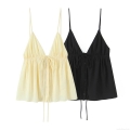 Women's Sexy V-Neck Backless Camisole Tank Top Solid Color Sleeveless Button Up Ruffle Drawstring Summer Cropped Vest Top