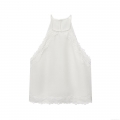 Women's Summer Halter Lace Crochet Tank Top White Patchwork Backless Sleeveless Cotton Linen Blend Sexy Streetwear Casual Vest Shirt