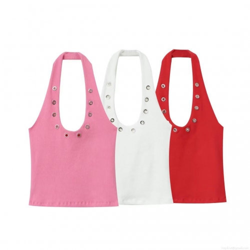 Women Sexy Halterneck Tank Top Ribbed Polyester Hollow Out Metal Eyelets Deep U Neck Summer Casual Streetwear Slim Fit Sleeveless Tops Women Sexy Halterneck Tank Top Ribbed Polyester Hollow Out Metal Eyelets Deep U Neck Summer Casual Streetwear Slim Fit Sleeveless Tops