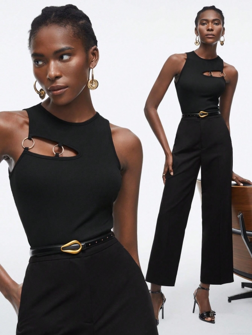 Sexy Cut-out Metal Ring Tank Top For Women Viscose Elastane Ribbed Knit Halter Neck Sleeveless Crop Top Slim Fit Streetwear Summer Fashion Top