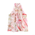 Women's Elegant Floral Print Chiffon Halter Top With Layered Ruffle Detail Sleeveless Western Style Casual Tank Top For Summer Vacation