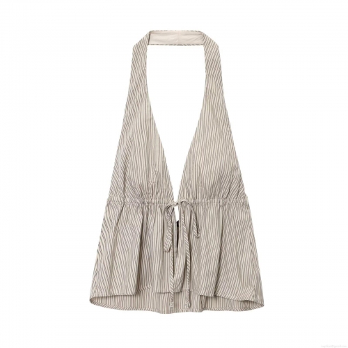 Women's Sexy Halter Neck Striped Tank Top Backless Deep V-Neck Tie Front Sleeveless Camisole Summer Casual Streetwear Polyester Top