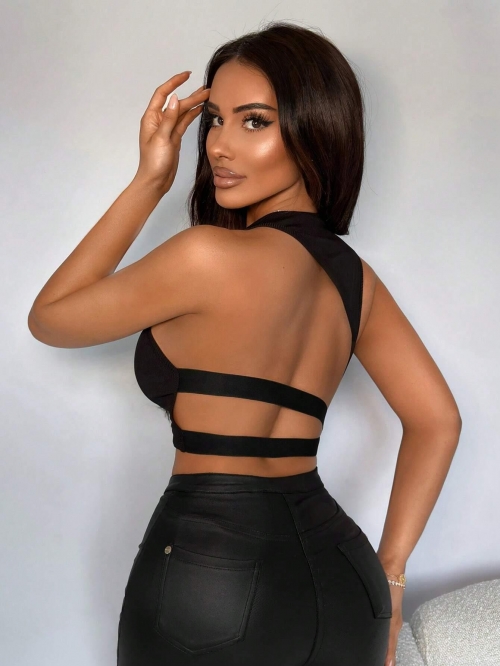 Sexy Backless Ribbed Crop Top For Women Solid Color U Neck Sleeveless Tank Top Polyester Elastane Blend Summer Slim Fit Streetwear Top