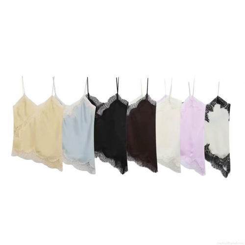 Women's Sexy Lace Trim Cami Top Satin Silk Texture V Neck Irregular Hem Spaghetti Strap Tank Top Solid Color Streetwear Casual Vest Women's Sexy Lace Trim Cami Top Satin Silk Texture V Neck Irregular Hem Spaghetti Strap Tank Top Solid Color Streetwear Casual Vest