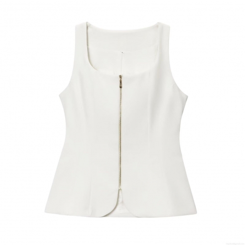 Women's Sexy Slim Fit Sleeveless Vest Top With Front Zipper U-Neck Polyester Street Style Bodycon Tank Top For Party Clubwear Daily Casual White