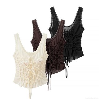 Women's Sexy Ruched Camisole Vintage French Style Bow Knot Lace Trim Drawstring Sleeveless Slim Fit Short Tank Top Summer Streetwear