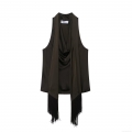 Women's Elegant Satin Cowl Neck Tank Top With Long Tassel Fringe Sleeveless Loose Fit V-Neck Satin Camisole Blouse For Party Streetwear