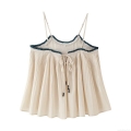 Women's Pleated Camisole Top Contrast Trim Tie Front Crop Tank Top Polyester Slim Fit Sleeveless Streetwear Summer Beach Vest With Beads
