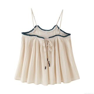 Women's Pleated Camisole Top Contrast Trim Tie Front Crop Tank Top Polyester Slim Fit Sleeveless Streetwear Summer Beach Vest With Beads