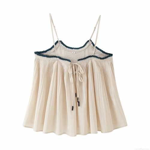 Women's Pleated Camisole Top Contrast Trim Tie Front Crop Tank Top Polyester Slim Fit Sleeveless Streetwear Summer Beach Vest With Beads