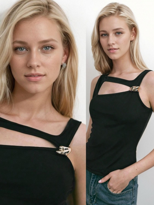 Women's Sexy Asymmetric Cutout Tank Top Cotton Polyester Sleeveless Streetwear Slim Fit T-Shirt With Gold Metal Ring Decoration Summer Fashion Ribbed Cami Top