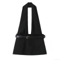Women's Sexy Halter Neck Backless Crop Top With Faux Leather Metal Buckle Belt Solid Black Slim Fit Sleeveless Cami Tank Top For Streetwear Party Clubwear