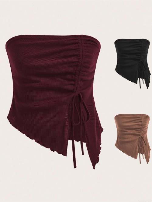 Women Sexy Strapless Bandeau Top Waffle Knit Drawstring Ruched Irregular Hem Slim Fit Crop Tank Top For Summer Party Clubwear Streetwear Tube Top