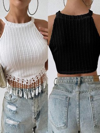 Women's Halter Neck Knit Crochet Tassel Top Elegant Solid Slim Fit Cropped Cami Vest For Summer Beach Party Vacation Women's Halter Neck Knit Crochet Tassel Top Elegant Solid Slim Fit Cropped Cami Vest For Summer Beach Party Vacation