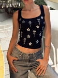 Women's Sexy Rhinestone Flower Ribbed Knit Tank Top Slim Fit U-Neck Sleeveless Crop Top For Street Party Y2K Style Polyester Spandex