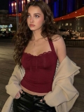 Sexy Polyester Spandex Halter Top With Lace Trim Backless Tie Front Bow Camisole Ribbed Knit Sleeveless Crop Top For Party Clubwear Summer Women