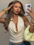 Sexy Cowl Neck Halter Top For Women Solid Backless Camisole With Metal Ring Detail Party Clubwear Sleeveless Polyester Spandex Tank Top