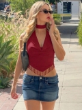 Women Sexy Halter Neck Backless V-Neck Beaded Fringe Tassel Camisole 95% Polyester 5% Spandex Triangle Hem Clubwear Party Streetwear Crop Top