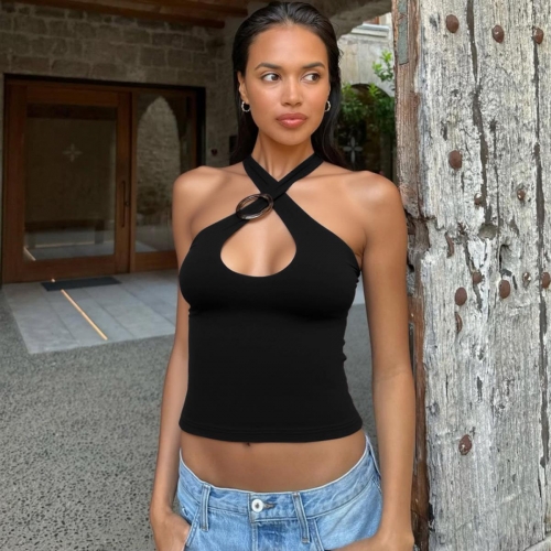 Women Sexy Halter Neck Crop Top With Metal Ring Cutout Backless Solid Color Polyester Spandex Summer Fashion Slim Fit Tank Top For Beach Party Vacation Streetwear Women Sexy Halter Neck Crop Top With Metal Ring Cutout Backless Solid Color Polyester Spandex Summer Fashion Slim Fit Tank Top For Beach Party Vacation Streetwear