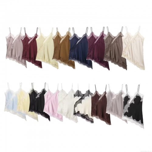Women's Spliced Lace Irregular Hem Camisole Satin Silk V Neck Thin Strap Streetwear Summer Tank Top Women's Spliced Lace Irregular Hem Camisole Satin Silk V Neck Thin Strap Streetwear Summer Tank Top