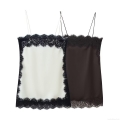 Women's Lace Trim Patchwork Camisole Contrast Color Satin Sleeveless V-Neck Cami Top Sexy Streetwear Ladies Summer Vest