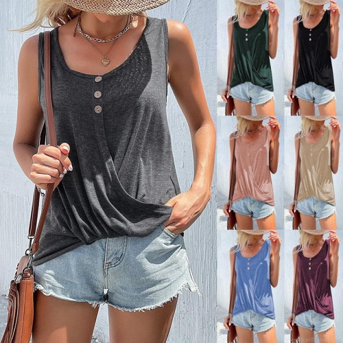 Women's Casual Sleeveless Tank Top Cotton Polyester Blend Knit Button Round Neck Twist Knot Hem Summer Solid Color Streetwear Vest Tops Women's Casual Sleeveless Tank Top Cotton Polyester Blend Knit Button Round Neck Twist Knot Hem Summer Solid Color Streetwear Vest Tops