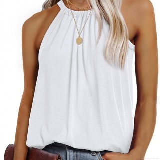 Women Summer Halter Neck Tank Top Cotton Blend Sleeveless Pleated Drawstring Vest Casual Loose Solid Color Sleeveless Top For Women