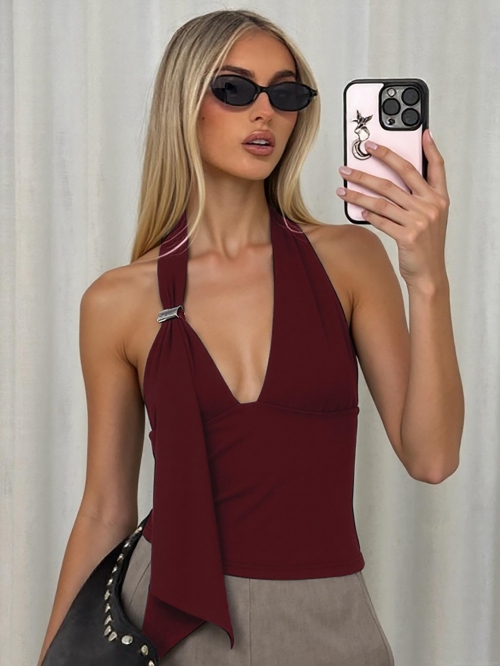 Women's Sexy Halter Neck Deep V Tank Top Open Back Metal Buckle Polyester Spandex Asymmetric Drape Slim Fit Sleeveless Crop Top for Party Clubwear Streetwear Women's Sexy Halter Neck Deep V Tank Top Open Back Metal Buckle Polyester Spandex Asymmetric Drape Slim Fit Sleeveless Crop Top for Party Clubwear Streetwear