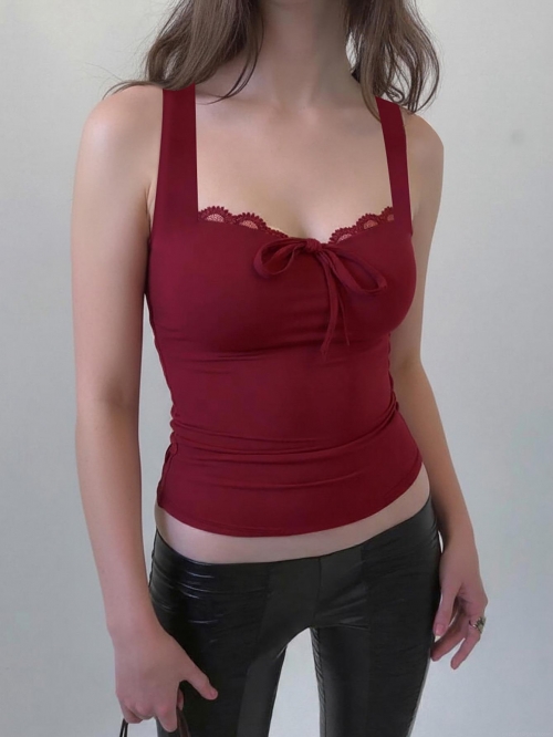 Women Sexy Lace Trim Bowknot Cami Top Slim Fit Sleeveless Tank Top Ribbed Knit Streetwear Casual Vest For Summer Party Clubwear Solid Color Polyester Spandex Top Women Sexy Lace Trim Bowknot Cami Top Slim Fit Sleeveless Tank Top Ribbed Knit Streetwear Casual Vest For Summer Party Clubwear Solid Color Polyester Spandex Top