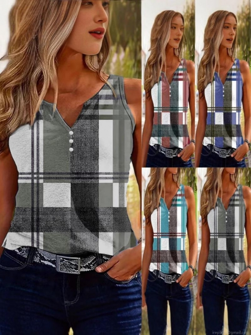 Women's Casual Plaid V-Neck Tank Top Sleeveless Polyester Spandex Checked Blouse With Decorative Buttons Summer Fashion Sleeveless Shirt For Daily Vacation Women Women's Casual Plaid V-Neck Tank Top Sleeveless Polyester Spandex Checked Blouse With Decorative Buttons Summer Fashion Sleeveless Shirt For Daily Vacation Women