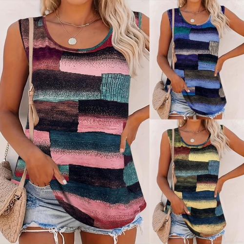 Women's Casual Tank Top Milk Silk Breathable Sleeveless Vest Summer Vacation Abstract Geometric Print Round Neck Loose Top For Women Women's Casual Tank Top Milk Silk Breathable Sleeveless Vest Summer Vacation Abstract Geometric Print Round Neck Loose Top For Women