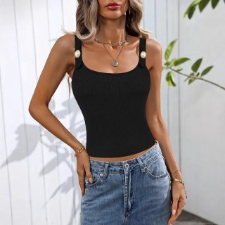 Women's Sexy Slim Fit Ribbed Knit Tank Top Pearl Button Decoration Square Neck Sleeveless Camisole Summer Streetwear Base Layer Women's Sexy Slim Fit Ribbed Knit Tank Top Pearl Button Decoration Square Neck Sleeveless Camisole Summer Streetwear Base Layer