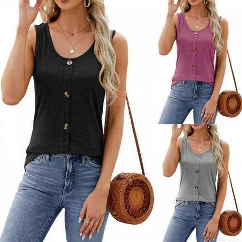 Women's Plus Size Sleeveless Tank Top Polyester Spandex Knit Button Front Round Neck Solid Color Summer Daily Casual Slim Fit Basic Top
