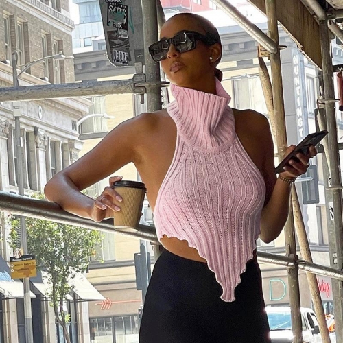 Sexy Backless Halter Knitted Tank Top Women Mock Neck Irregular Hem Ribbed Knit Cami Top Summer Streetwear Sleeveless Crop Top Sexy Backless Halter Knitted Tank Top Women Mock Neck Irregular Hem Ribbed Knit Cami Top Summer Streetwear Sleeveless Crop Top