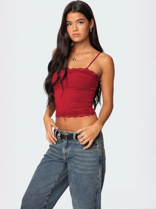 Women's Sexy Y2K Lace Trim Camisole Top Ribbed Knit Spaghetti Strap Slim Fit Cropped Tank Top Summer Sleeveless Streetwear Shirt Women's Sexy Y2K Lace Trim Camisole Top Ribbed Knit Spaghetti Strap Slim Fit Cropped Tank Top Summer Sleeveless Streetwear Shirt