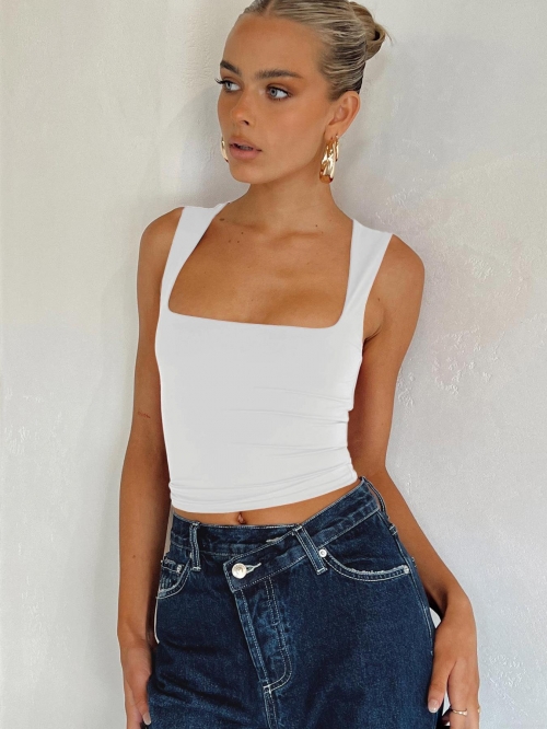 Women's Y2K Square Neck Tank Top Nylon Spandex Sexy Slim Fit Crop Top Sleeveless Solid Color Ribbed Base Layer Camisole for Party Summer Women Women's Y2K Square Neck Tank Top Nylon Spandex Sexy Slim Fit Crop Top Sleeveless Solid Color Ribbed Base Layer Camisole for Party Summer Women