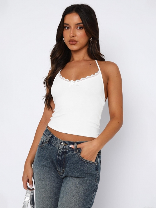 Sexy Halter Neck Lace Trim Ribbed Tank Top For Women Y2K Style Cropped Bow Cami Top Sleeveless Summer Vest Nylon Spandex