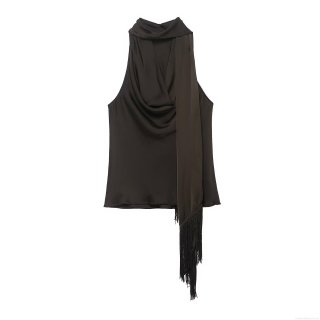 Sexy Women's Satin Halter Neck Top With Long Scarf Tassel Detail Sleeveless Backless Solid Color Silk-Like Blouse For Evening Party Social Events Elegant Top Sexy Women's Satin Halter Neck Top With Long Scarf Tassel Detail Sleeveless Backless Solid Color Silk-Like Blouse For Evening Party Social Events Elegant Top